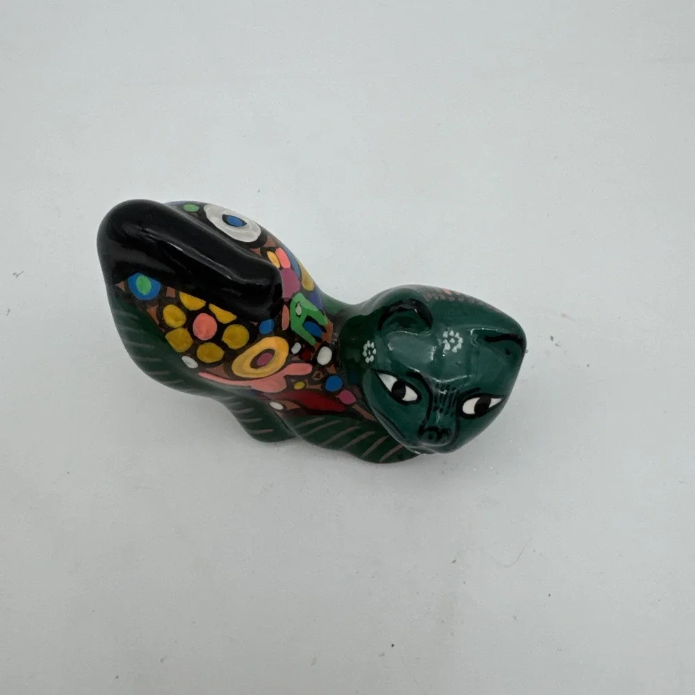Cat Kitten Figurine Crouching Mexican Artist Red Clay Hand Painted Colorful CUTE